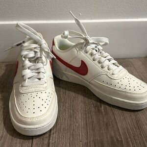 Red and White Nike Court Vision Lo Sneakers